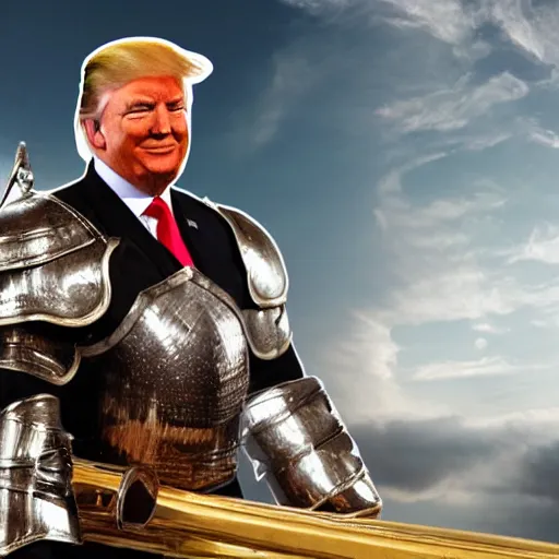 Image similar to donald trump, wearing knights armor, holding a big golden broadsword, by hans holdein, donald trumps handsome face