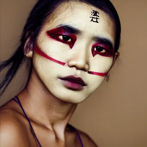 Image similar to portrait of a stunningly beautiful asian tribal female, minimal red facepaint over the eyes in a stripe, depth of field, zeiss lens, detailed, symmetrical, centered, fashion photoshoot, by Annie Leibovitz and Steve McCurry, David Lazar, Jimmy Nelsson, Breathtaking, 8k resolution, extremely detailed, beautiful, establishing shot, artistic, hyperrealistic, beautiful face, octane render