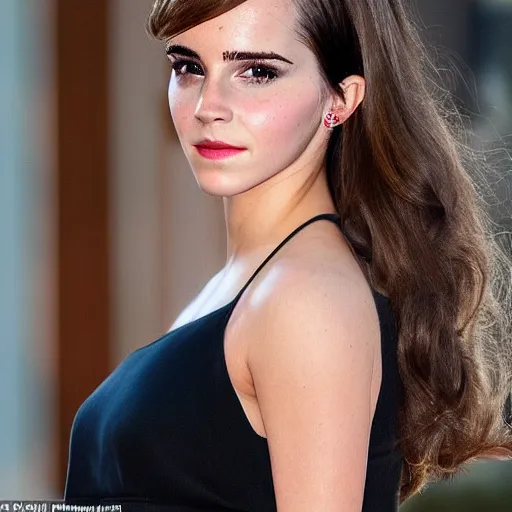 Image similar to a full - figure profile photograph of a woman who is a genetic combination of emma watson and kim kardashian