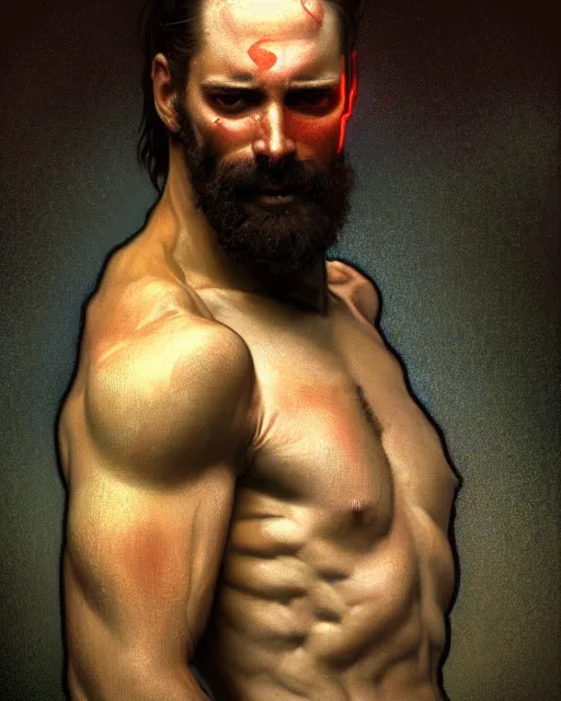 Prompt: a beautifully posed portrait of a shirtless anguished man with a beard and glowing eyes, the essence of fall, twig details, dark retrowave, highly detailed, digital painting, cinematic, hyperrealism, dynamic lighting, art by alphonse mucha and magali villeneuve and artgerm, artstation, octane render, cgsociety