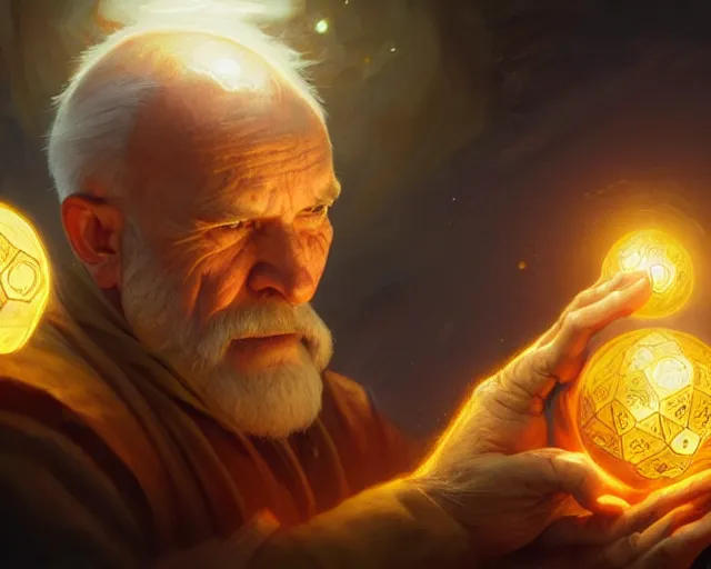 Image similar to old man creating a glowing orb, deep focus, d & d, fantasy, intricate, elegant, highly detailed, digital painting, artstation, concept art, matte, sharp focus, illustration, hearthstone, art by artgerm and greg rutkowski and alphonse mucha