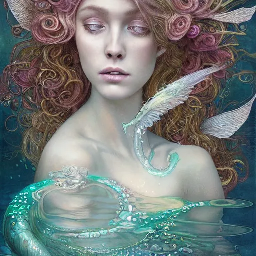 Image similar to Beautiful Delicate Detailed portrait of a mermaid With Magical green Eyes by Tom Bagshaw, Bastien Lecouffe Deharme, Erik Johansson, Amanda Sage, Alex Grey, Alphonse Mucha, Harry Clarke, Josephine Wall and Pino Daeni, Delicate water creature siren With long blue Hair and Magical Sparkling Eyes, Magic Particles; Magic Swirls, 4K; 64 megapixels; 8K resolution concept art; detailed painting; digital illustration; hyperrealism; trending on Artstation; Unreal Engine Photorealistic, lifelike, Unreal Engine, sharp, sharpness, detailed, 8K