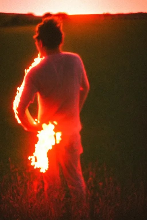 Image similar to agfa vista 4 0 0 photograph of a guy on fire standing in a field, back view, synth vibe, vaporwave colors, lens flare, moody lighting, moody vibe, telephoto, 9 0 s vibe, blurry background, grain, tranquil, calm, faded!,