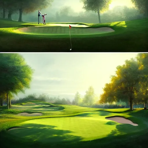 Image similar to Concept art, beautiful painting of a golf course in the midst of metropolis city, green spaces, 8k, Jeremy Cheung, greg rutkowski, artstation