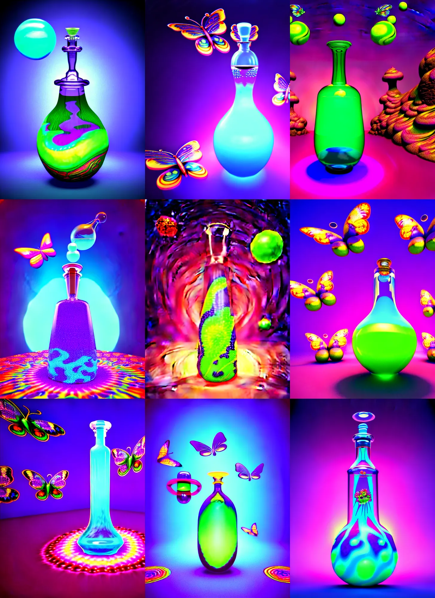Prompt: retro 3 d rendered raytraced crystal glowing potion bottle flilled with magic slime the style of ichiro tanida, the background is a a psychedelic swirly orbs with 3 d rendered butterflies and 3 d rendered flowers n the style of early cg graphics, micha klein, 3 do magazine, 3 d artstation,