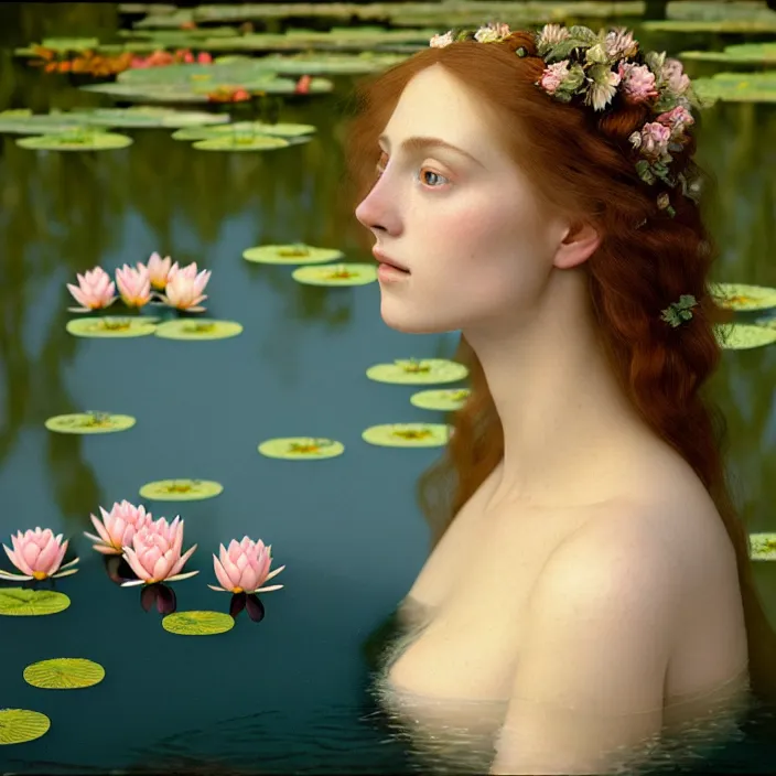 Prompt: Kodak Portra 400, 8K, soft light, volumetric lighting, highly detailed, britt marling style 3/4 ,portrait photo of a beautiful woman how pre-Raphaelites painter, the face emerges from the water of a pond with water lilies, julie dillon, a beautiful lace dress and hair are intricate with highly detailed realistic beautiful flowers , Realistic, Refined, Highly Detailed, natural outdoor soft pastel lighting colors scheme, outdoor fine art photography, Hyper realistic, photo realistic