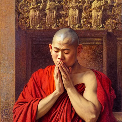 Prompt: highly detailed potrait of blind folded buddhist monk praying like jesus, painting by gaston bussiere, craig mullins, j. c. leyendecker, lights, art by ernst haeckel, john william godward, hammershøi,