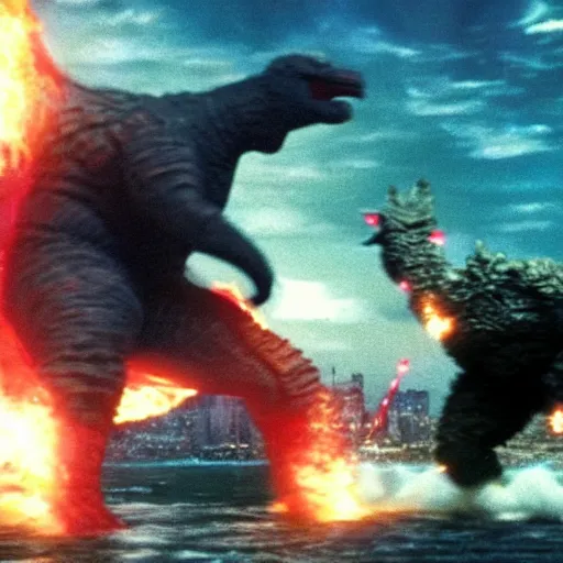 Prompt: a giant shaquille o'neal blocking an attack from godzilla, anime still frame