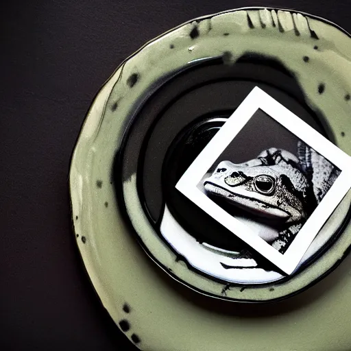 Image similar to frog hovering upside down over a plate with black milk, polaroid photography in style of andrey tarkovski, light caustics, paranormal, spiritual, mystical, sublime