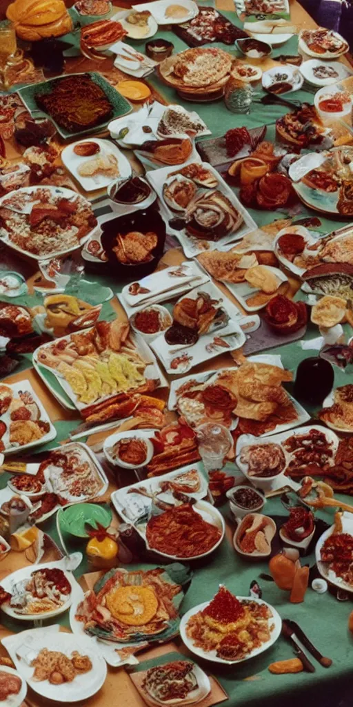 Prompt: a 70s photo of a spread of food sculptures