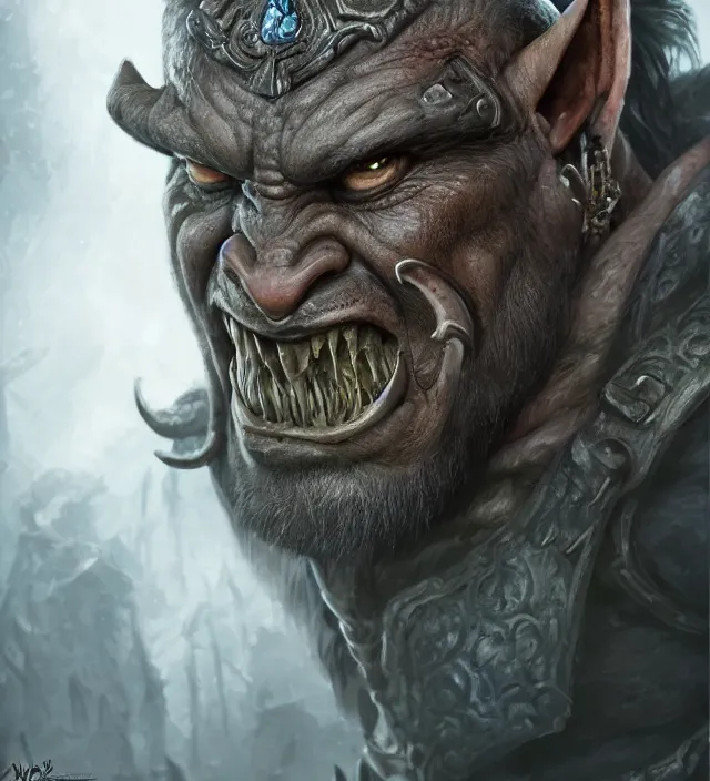 Image similar to full face portrait of an orc, detailed eyes, tusks, fantasy, intricate, highly detailed, digital painting, 4 k, hdr, concept art, smooth, sharp focus, illustration, by wayne reynolds, world of warcraft