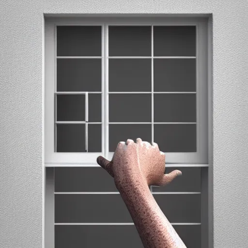 Image similar to 3 d rendered image of a human hand opening window, fresh air blender 3 d keyshot unreal engine