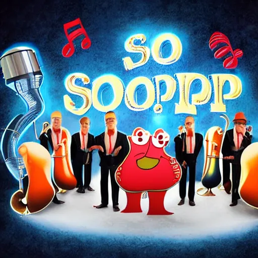 Prompt: soopa 5, music band new album cover, photo of five human musicians included one singer, digital art, brass instruments, soul singer, susaphone, microphone, 8 k, ultra realistic, highly detailed, cinematic lightning, harcourt photography