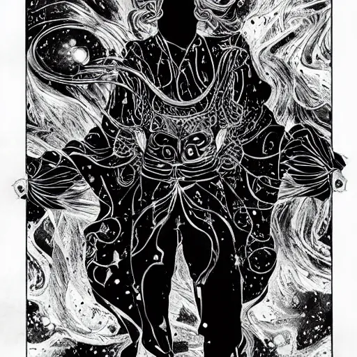 Image similar to black and white pen and ink!!!!!!! Ewan McGregor wearing cosmic space robes made of stars final form flowing royal hair golden!!!! Vagabond!!!!!!!! floating magic swordsman!!!! glides through a beautiful!!!!!!! Camellia flower battlefield dramatic esoteric!!!!!! Long hair flowing dancing illustrated in high detail!!!!!!!! by Moebius and Hiroya Oku!!!!!!!!! graphic novel published on 2049 award winning!!!! full body portrait!!!!! action exposition manga panel black and white Shonen Jump issue by David Lynch eraserhead and beautiful line art Hirohiko Araki!! Rossetti, Millais, Mucha, Jojo's Bizzare Adventure