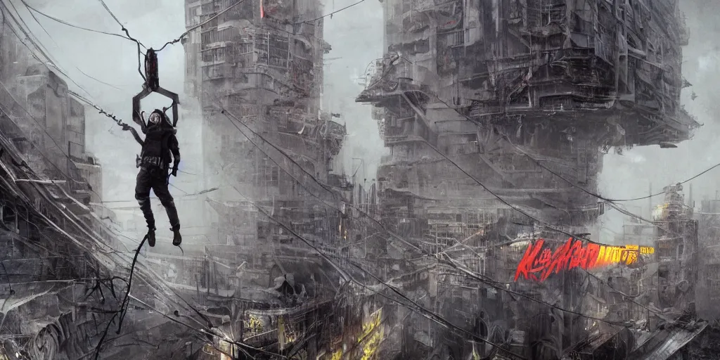 Image similar to cinematic shots of teenagers with tactical clothing and hoods hanging from wires on top of the capitol building covered with giant graffitis, dystopian future, industries in ruins, sci - fi, night lights, haze, concept art, intricate, in the style of katsuhiro otomo, akira, unreal engine