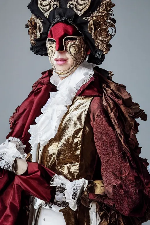 Prompt: portrait of a 2 1 st century fashion show featuring men's wear based in 1 7 5 0's england, fashion photography, vogue cover, elaborate lights. mask on face, accurate details, ultra hd, beautiful background