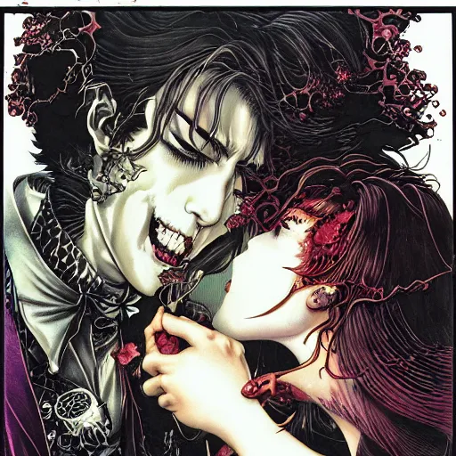 Image similar to closeup of vampire kiss, melting, by yoichi hatakenaka, masamune shirow, josan gonzales and dan mumford, ayami kojima, takato yamamoto, karol bak