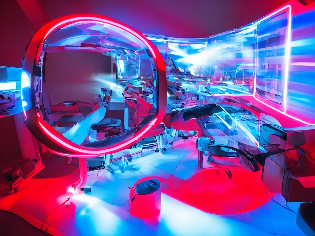 Prompt: visor with curved translucent screens projecting bright red and blue, pixel perfect photograph, high contrast, volumetric lighting, thin glowing lights, chair, users, pair of keys