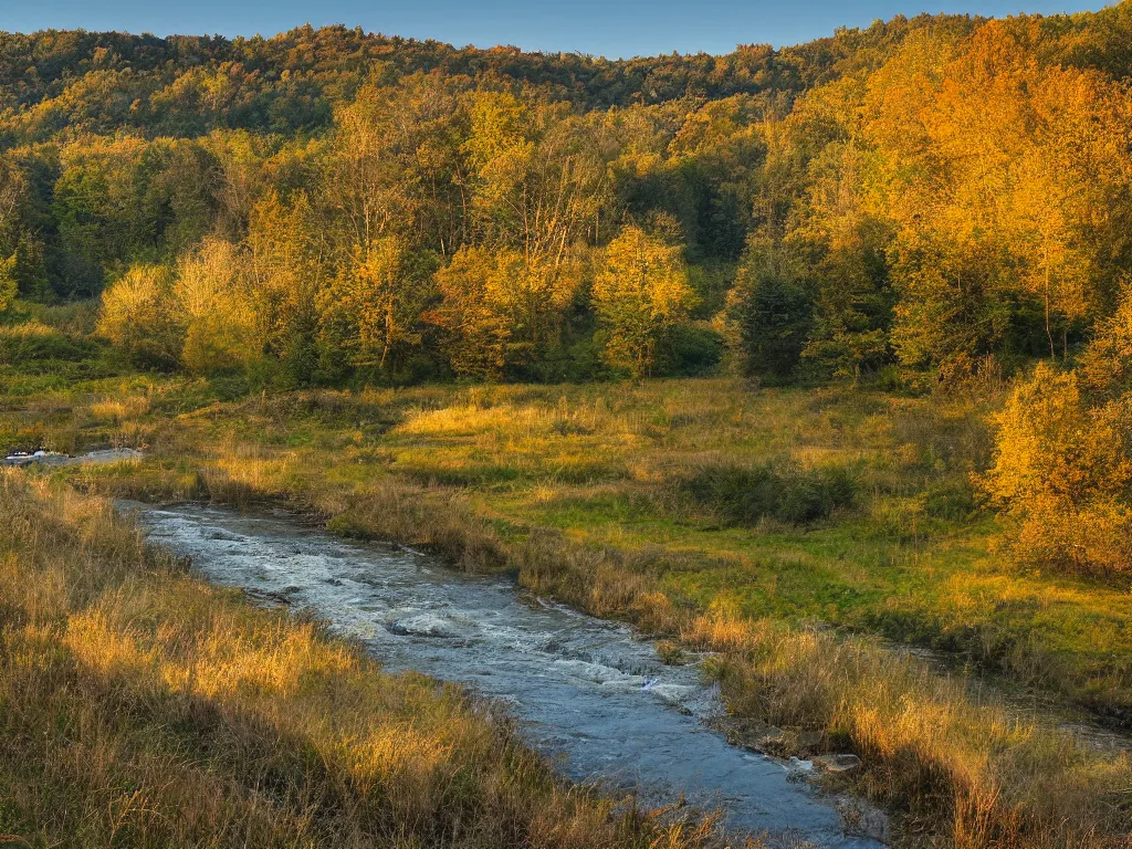 Image similar to photograph of a field by a dam and a river, new england, color, golden hour