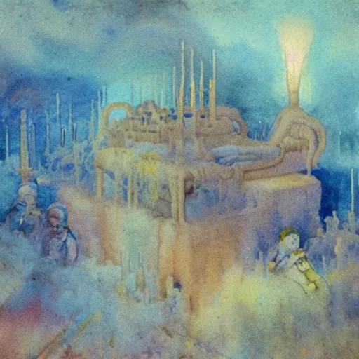 Prompt: lego high crimes resulting in dreamless sleep, a hypnotic mikalojus konstantinas ciurlionis watercolor painting, sneering way which offended even those of us who most admir'd his historical productions