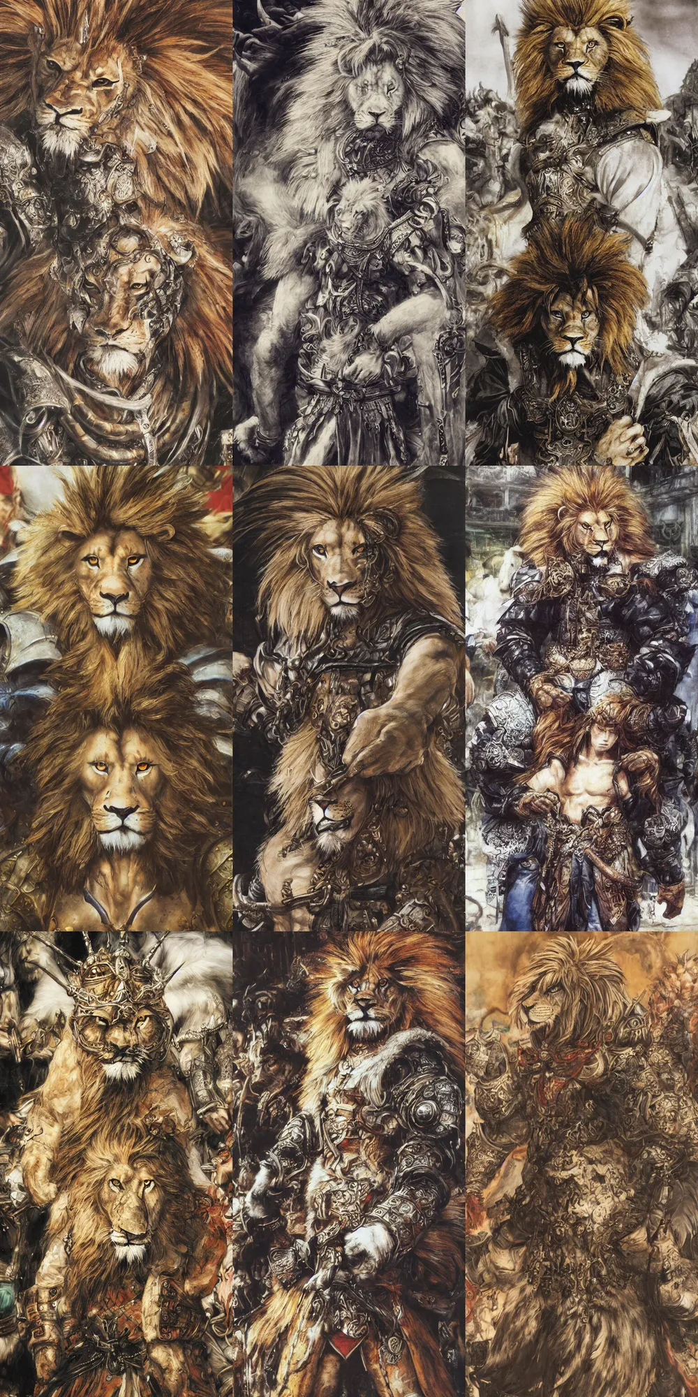 Image similar to 8 k yoshitaka amano painting of upper body of a young cool looking lion beastman with white mane at a medieval market at windy day. depth of field. he is wearing complex fantasy clothing. he has huge paws. renaissance style lighting.