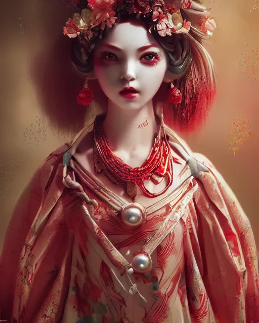 Prompt: detailed photo of pearl japanese doll, beautiful clothes, innocent, elegant red dress, 8 k, by tristan eaton, stanley artgermm, tom bagshaw, greg rutkowski, carne griffiths, trending on deviantart, hyper detailed, glorious lighting, epic environment