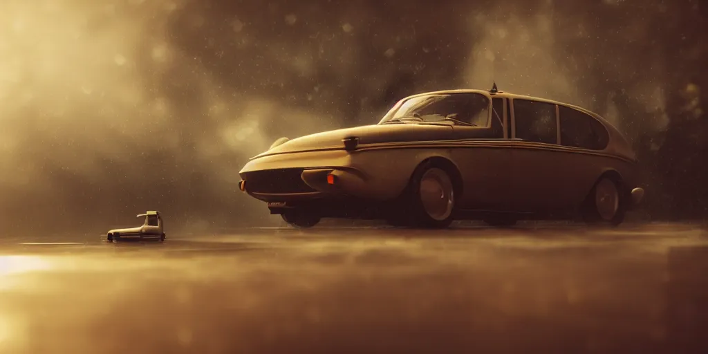 Prompt: parked retro futuristic vintage polished car, fog, rain, volumetric lighting, beautiful, golden hour, sharp focus, photorealistic, highly detailed, cgsociety