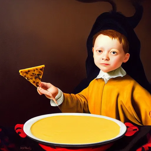 Prompt: a highly detailed oil painting of an 8 year old king ruling a cheese kingdom where everything is made from different types of cheese, surreal, 4 k, trending on art station, in the style of caravaggio and comic book style