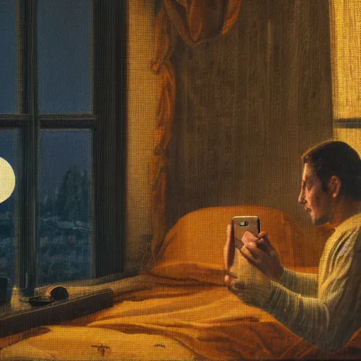 Image similar to a tapestry of a man taking a selfie, moonlit room, 4k