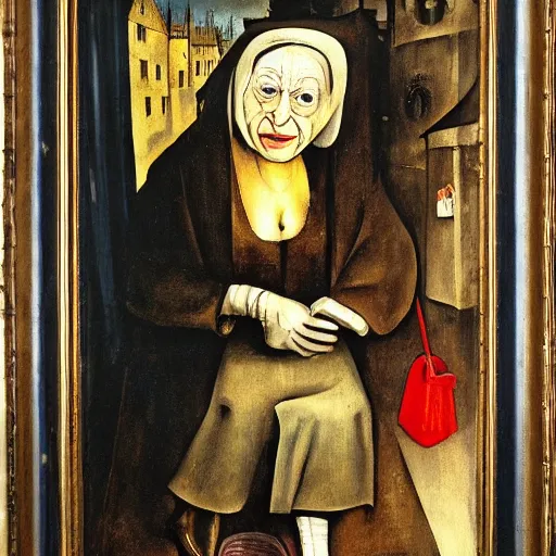 Image similar to queen elizabeth painted as a beggar in a dark forbidding alleyway by george grosz and hieronymus bosch