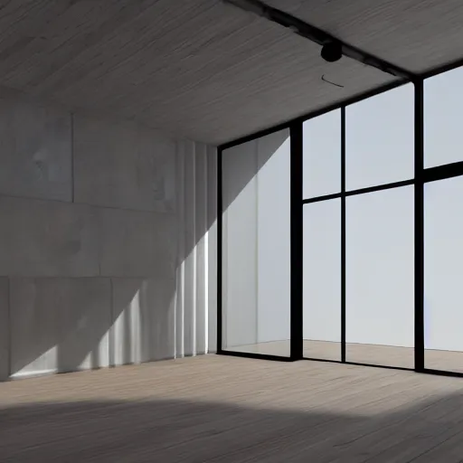 Image similar to render of a minimalistic studio loft, caustics
