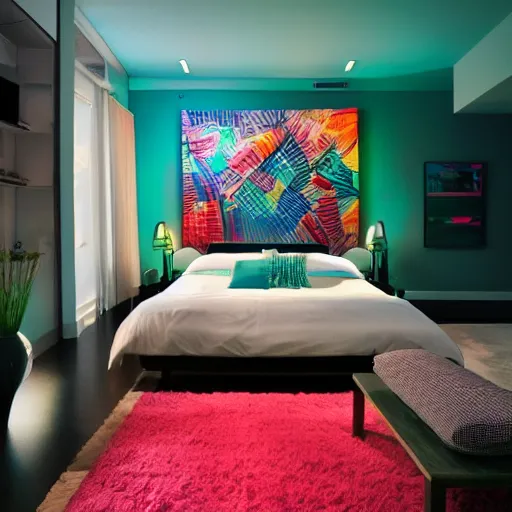 Prompt: hip bedroom of a millennial shot at night, high detail, neon lights, rug under bed, colorful art