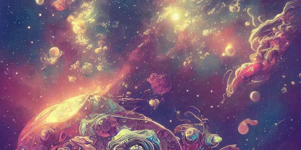 Image similar to !dream highly detailed digital of aquatic animals swimming in space, colorful nebulas , planets in the background, highly detailed, intricate design, cinematic view, 8k resolution, artstation, by Akihiko Yoshida, Alphonse Mucha, Moebius, Krenz Cushart