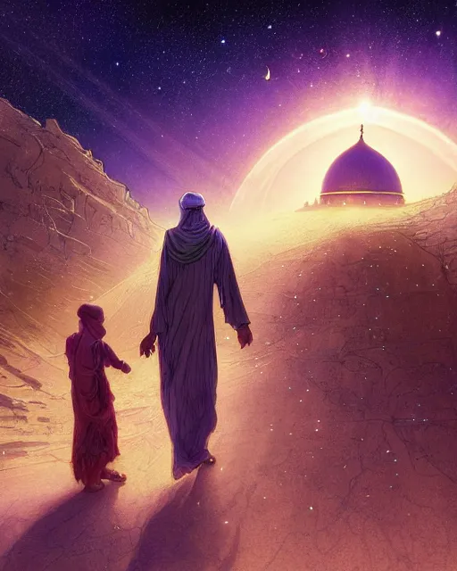 Image similar to bedouin man and woman and child in galaxy walking towards mosque surrounded by nebula, highly detailed, gold filigree, romantic storybook fantasy, soft cinematic lighting, award, disney concept art watercolor illustration by mandy jurgens and alphonse mucha and alena aenami, pastel color palette, featured on artstation