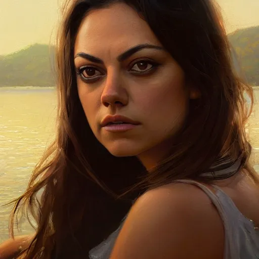 Image similar to a closeup portrait of a mila kunis, dramatic light, lake background, painted by stanley lau, painted by greg rutkowski, painted by stanley artgerm, digital art, trending on artstation