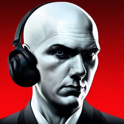 Image similar to a portrait of agent 4 7 from hitman wearing headphones, black background, red rim light, highly detailed, smooth, sharp focus, art by maciej kuciara