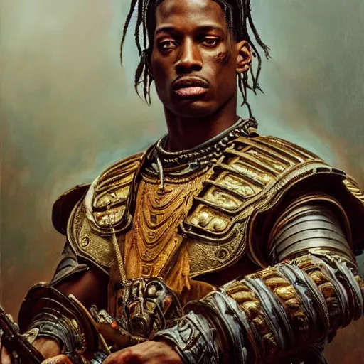 Image similar to highly detailed oil painting | very intricate | cinematic lighting | award - winning | travis scott as the mayan samurai in full armor | by roberto ferri, by tom bagshaw, by j. c. leyendecker and klimt, beautiful cinematic light, american romanticism, by austin osman spare, artstation, cgsociety, official art, octane