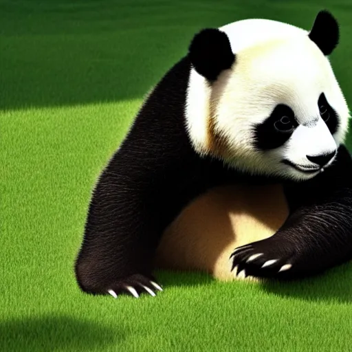 Image similar to a panda lawnmowing in his garden, cinematic, ray traced, octane render, cinematic lighting, ultrarealistic, featured on artstation, 8 k uhd artwork