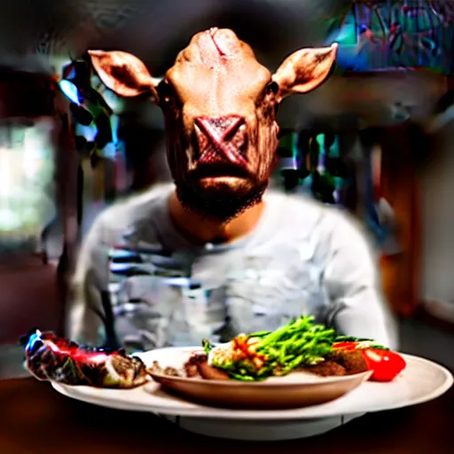 Image similar to photograph of a man with a Steak head begging for food, 8k resolution, high detail, ULTRA REALISTIC VFX, reflections