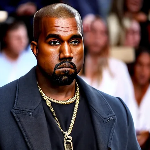 Prompt: photo of kanye west looking disgusted, detailed face, staring in the camera, hd
