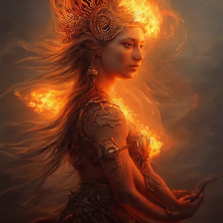 Prompt: Majestic painting of a beautiful young female fire goddess!!, intricate, epic, elegant, menacing, fantasy, highly detailed, digital painting, hard focus, beautiful volumetric lighting, epic light, ultra detailed, souls, smoke, by Leesha Hannigan, Ross Tran, Thierry Doizon, Kai Carpenter, Ignacio Fernández Ríos
