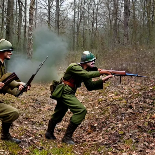 Image similar to ww 2 battlefield encounter in the woods between a german and a soviet soldier