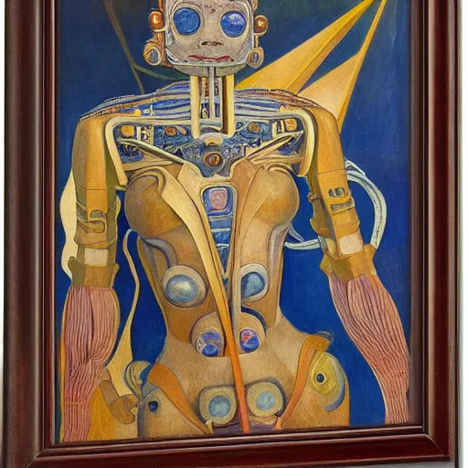 Image similar to robot queen with human eyes, by annie swynnerton and diego rivera and lucien freud and jean delville, symbolist, dramatic lighting, elaborate geometric ornament, art brut, soft pastel colors, smooth, sharp focus, extremely detailed, adolf wolfli, leo and diane dillon, nicholas roerich, donato giancola