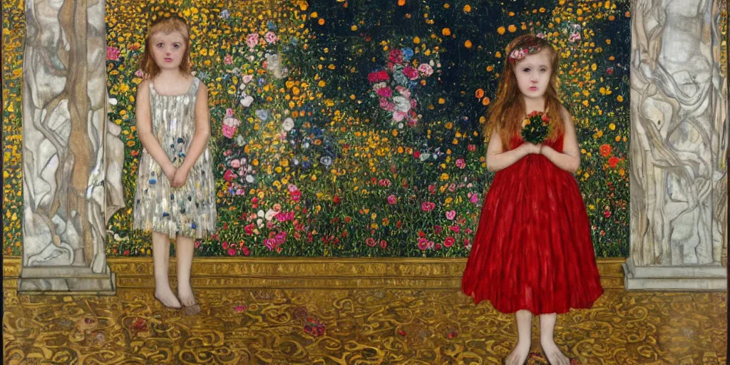 Prompt: a little girl standing in the middle of the picture holding a flower, wearing a white dress and red marijane shoes, on a marble floor, facing the picture, with two marble columns on either side of the picture, with gold and white ornaments, gold leaf, silver leaf and line, by klimt