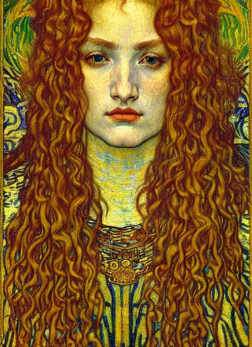 Image similar to detailed realistic beautiful young medieval queen face portrait by jean delville, gustav klimt and vincent van gogh, art nouveau, symbolist, visionary, gothic, pre - raphaelite, muted earthy colors, desaturated