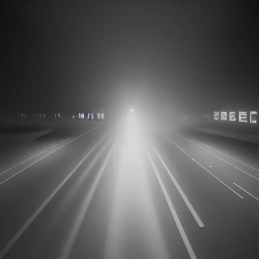 Image similar to A stunningly beautiful award-winning 8K high angle cinematic movie photograph of a foggy intersection in an abandoned 1950s small town at night, by Edward Hopper and David Fincher, cinematic lighting, perfect composition, moody low key volumetric light. Looking down, perspective, shot from above, 3 point perspective, from rooftop