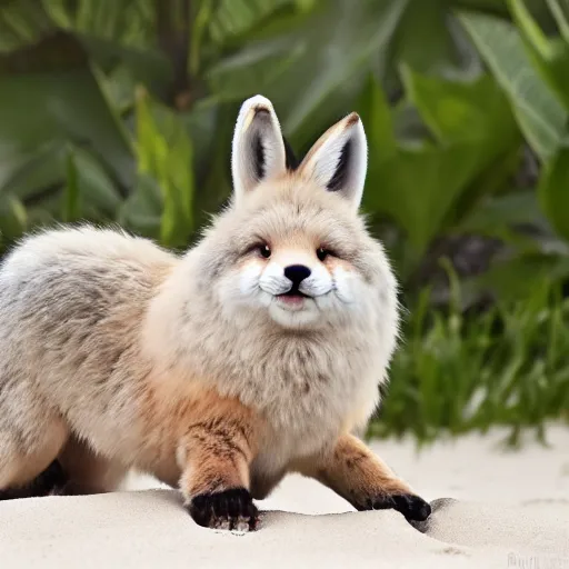 Image similar to a photorealistic adorable zany girly alluring chubby charming but vicious fennic fox wolf rabbit hybrid, with long floppy rabbit ears, wearing a bow on the top of its head, grinning at the camera with a mischievous look, sharp teeth, happy lighting, at a tropical beach