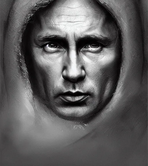 Image similar to vladimir putin, beautiful piercing eyes, realistic face, black and white drawing, in the style of greg rutkowski, fantasy, amazing detail, epic, intricate, elegant, smooth, sharp focus