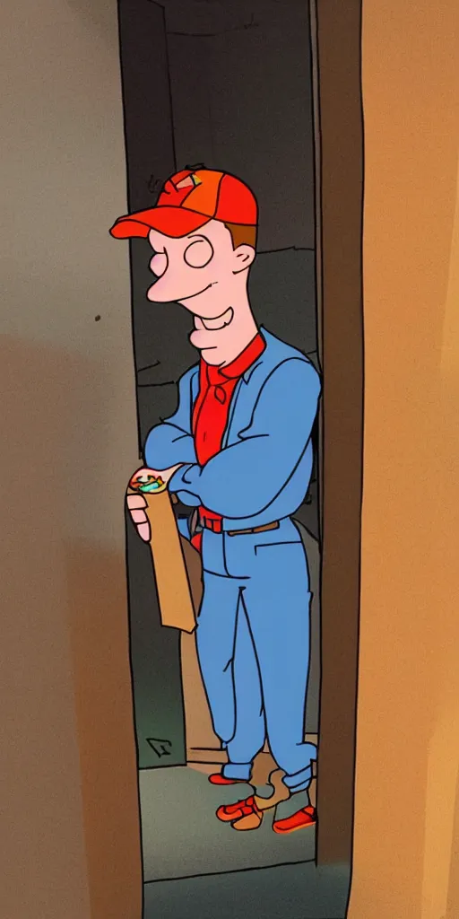 Image similar to a pizza delivery boy resembling Philip J. Fry standing in the doorway holding a pizza box, eerie lighting coming from behind, late at night, fireflies