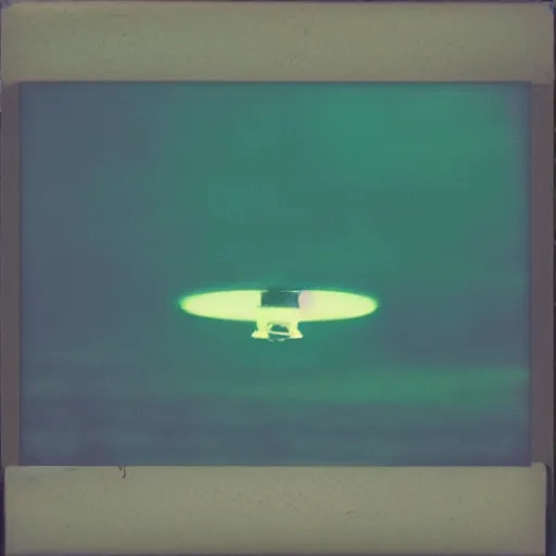 Image similar to a ufo flying at night, blurry photo, historical photo, old polaroid, expired film,